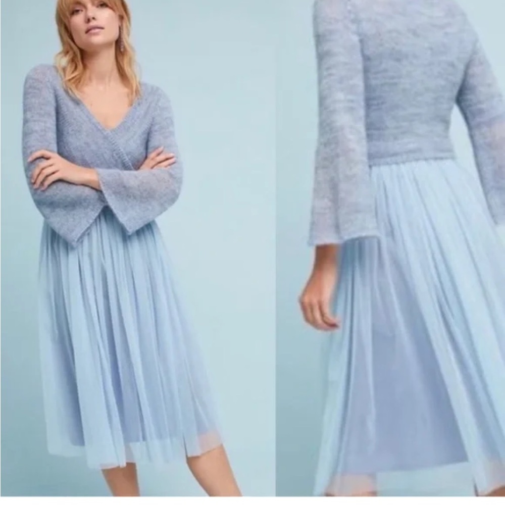 Light Blue V-Neck Knit Top & Tulle Midi Dress